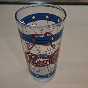 Vintage 70s 80s Pepsi-Cola Glass with Blue and Red stained glassTiffany-style